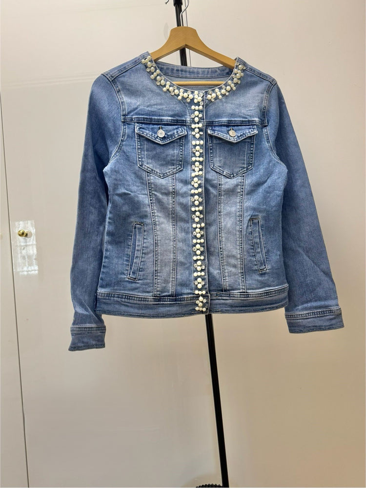 Diamonte pearl detail stretch Denim Jacket (12-22)