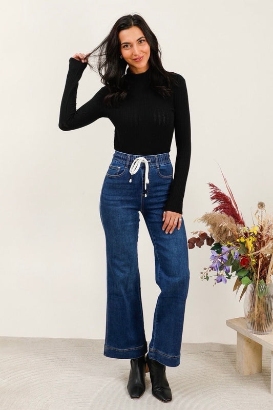 Drawstring Wide Leg Stretchy Denim jeans (8-18)