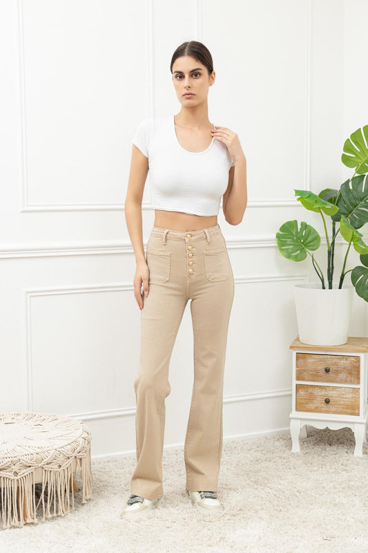 Light Moka Stretchy jeans with Front Pocket and Front Button details (6-14)