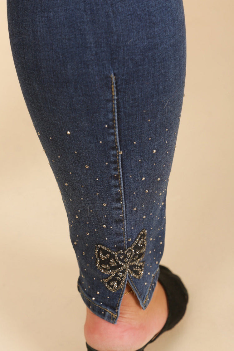 High Waisted Bow Diamante detailed Dark Blue Denim Jeans