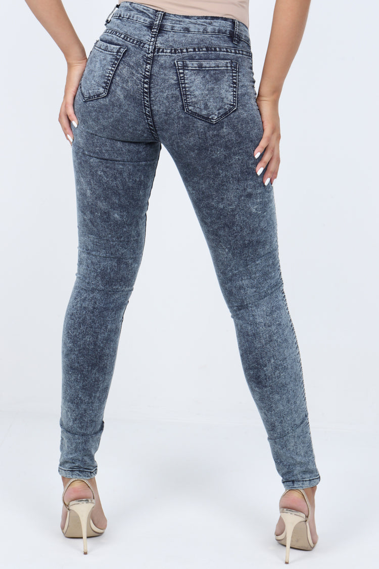 Quilted Panel Blue Acid Wash Jeans
